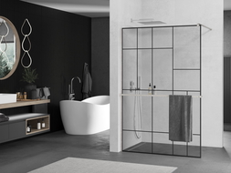 Mexen Kioto+ paroi de douche avec étagère Walk-in 120 x 200 cm, motif noir, nickel brossé - 800-120-121-97-78