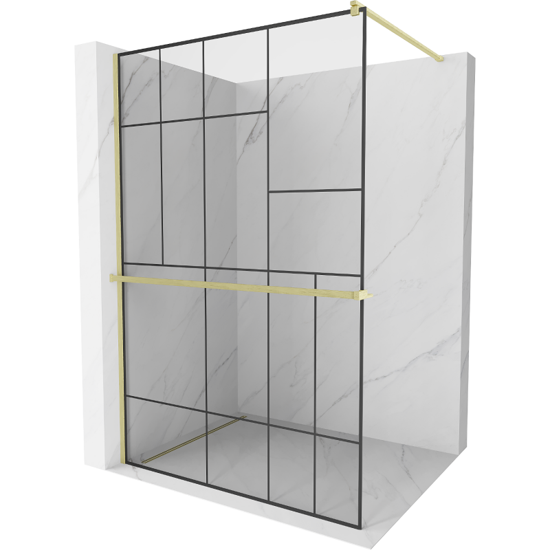 Mexen Kioto+ duschskärm med hylla Walk-in 100 x 200 cm, svart mönster, borstad guld - 800-100-121-55-78