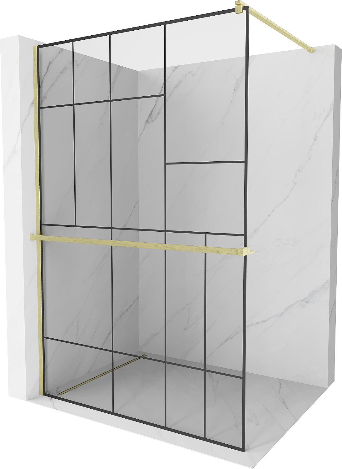 Mexen Kioto+ ścianka prysznicowa z półką Walk-in 100 x 200 cm, czarny wzór, złota szczotkowana - 800-100-121-55-78