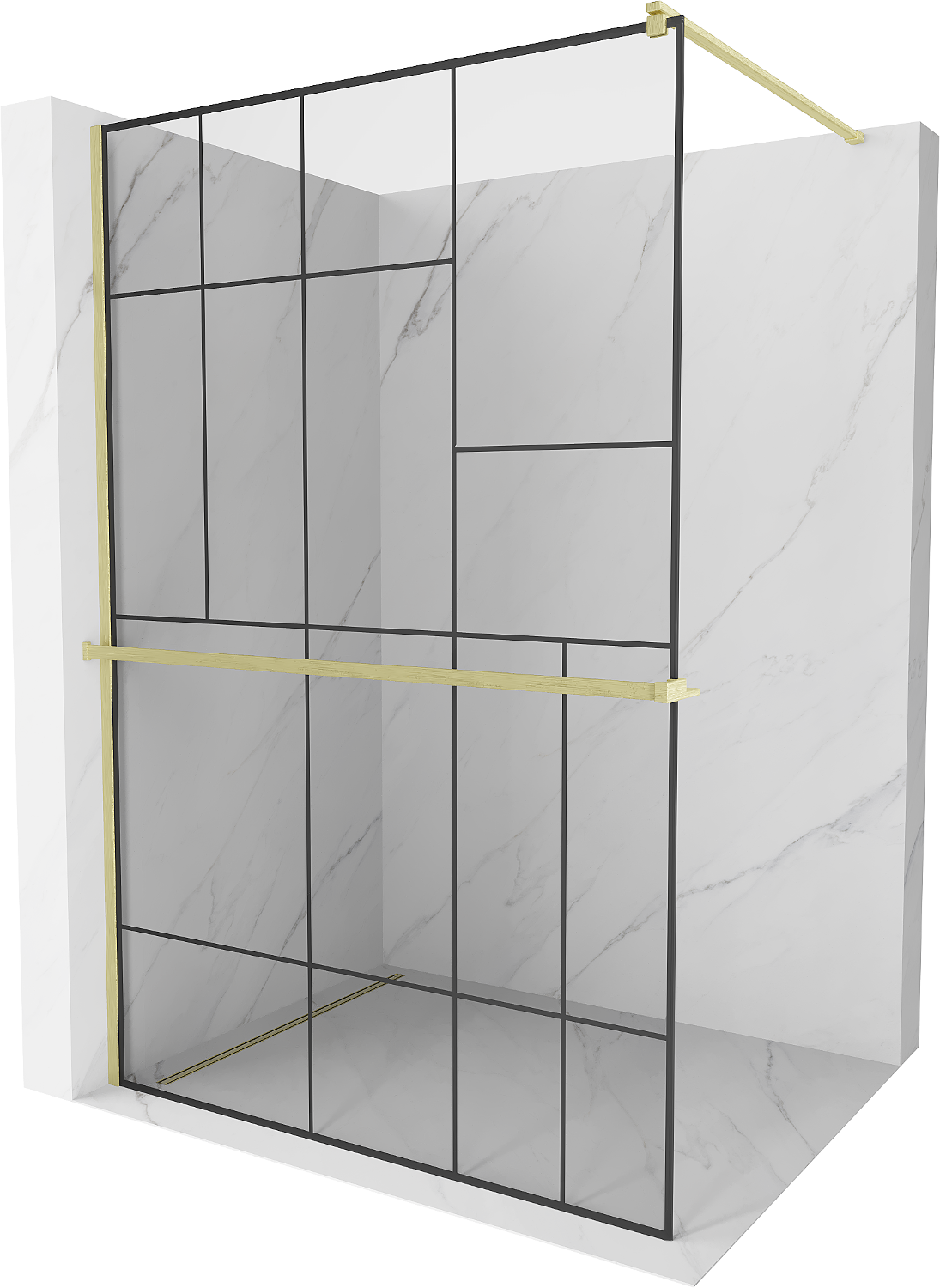 Mexen Kioto+ ścianka prysznicowa z półką Walk-in 110 x 200 cm, czarny wzór, złota szczotkowana - 800-110-121-55-78