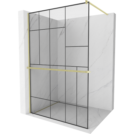 Mexen Kioto+ Duschwand mit Ablage Walk-in 140 x 200 cm, schwarzes Muster, gebürstetes Gold - 800-140-121-55-78
