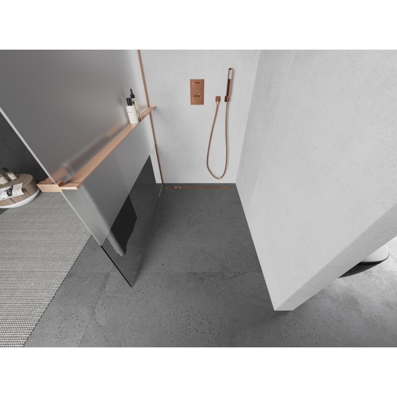 Mexen Kioto+ dušisein riiuliga Walk-in 70 x 200 cm, läbipaistev/jäätunud, harjatud vask - 800-070-121-65-35