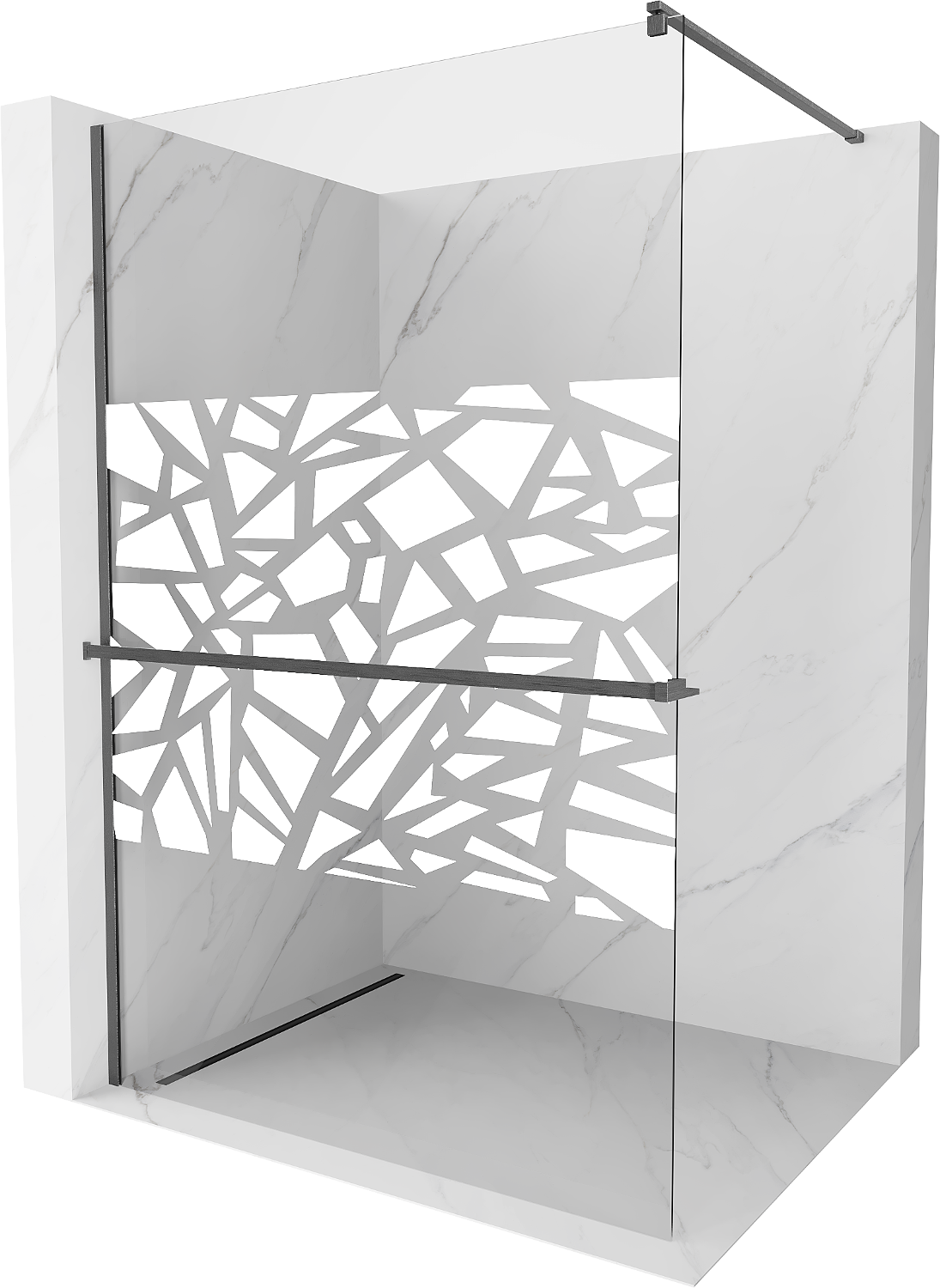 Mexen Kioto+ ścianka prysznicowa z półką Walk-in 100 x 200 cm, biały wzór, gun gray szczotkowany - 800-100-121-66-85