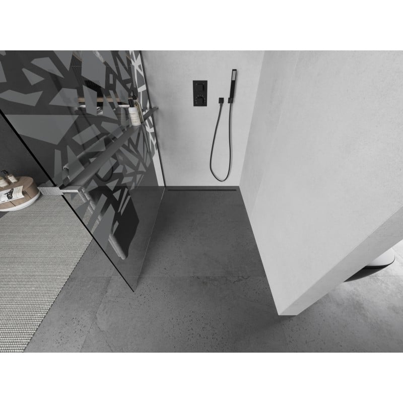 Mexen Kioto+ parede de duche com prateleira Walk-in 100 x 200 cm, padrão branco, cinza escovado - 800-100-121-66-85