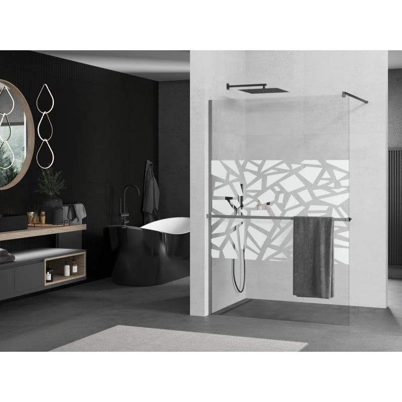 Mexen Kioto+ ścianka prysznicowa z półką Walk-in 100 x 200 cm, biały wzór, gun metal - 800-100-121-95-85