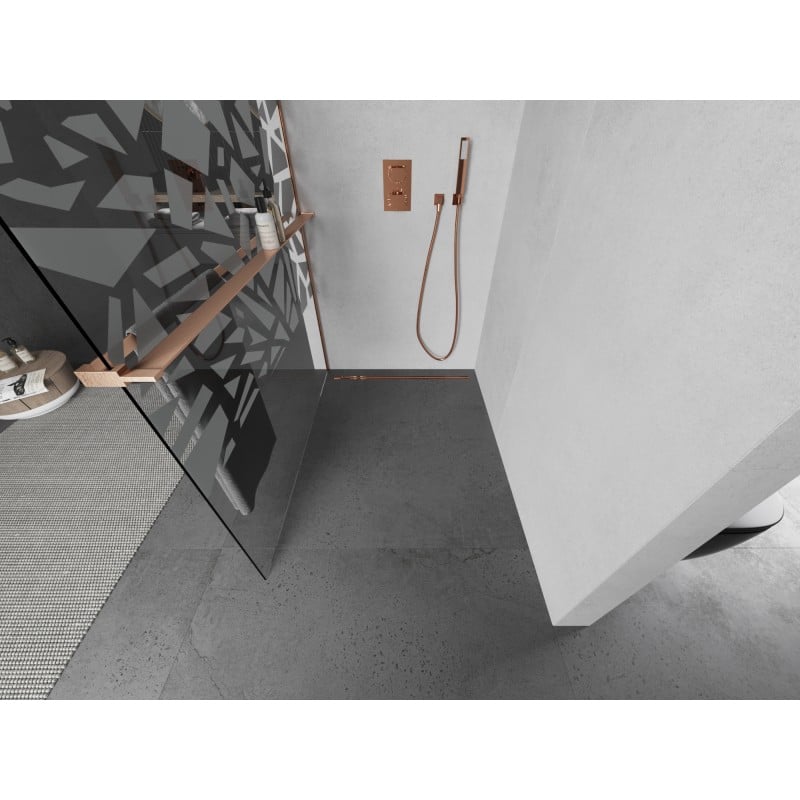 Mexen Kioto+ ścianka prysznicowa z półką Walk-in 80 x 200 cm, biały wzór, miedź szczotkowana - 800-080-121-65-85