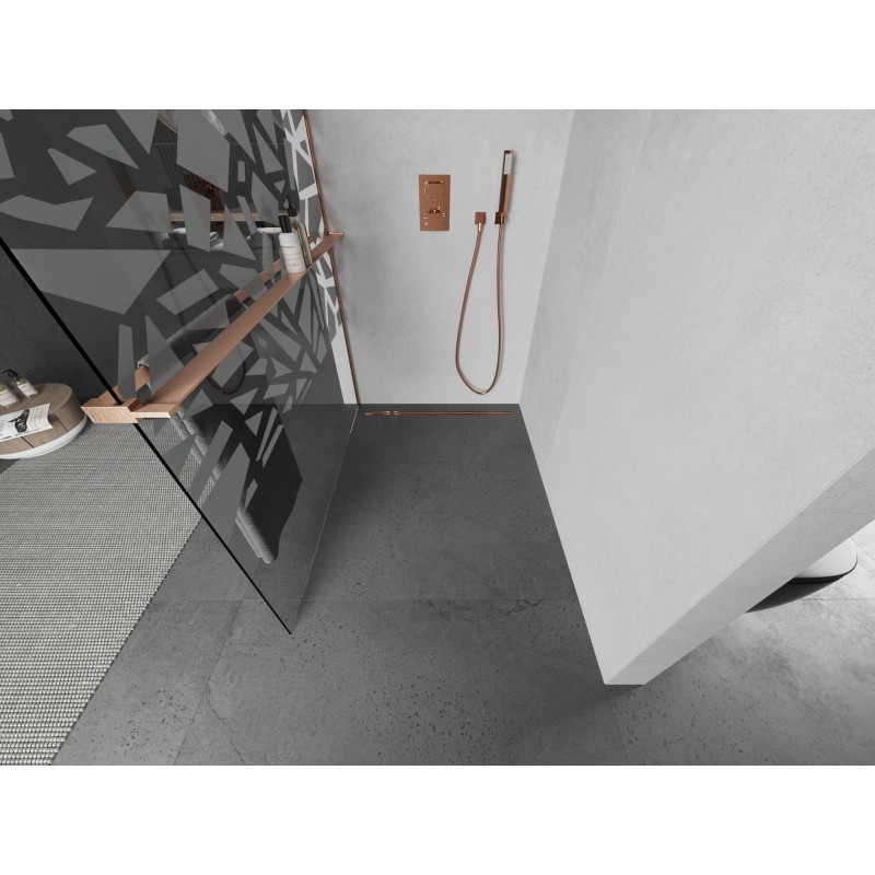 Mexen Kioto+ ścianka prysznicowa z półką Walk-in 90 x 200 cm, biały wzór, miedź szczotkowana - 800-090-121-65-85