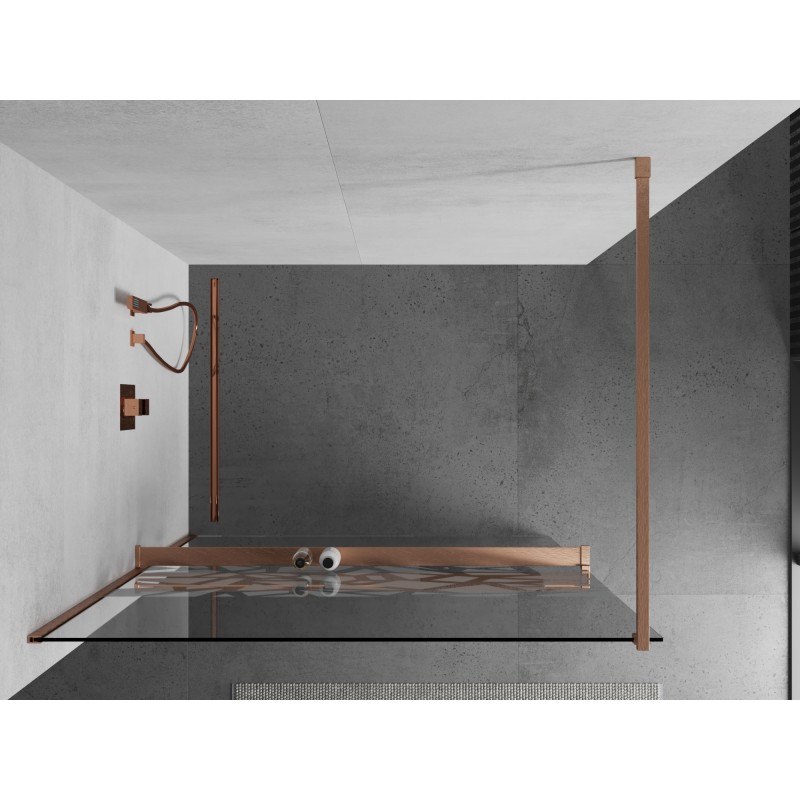 Mexen Kioto+ ścianka prysznicowa z półką Walk-in 130 x 200 cm, biały wzór, miedź szczotkowana - 800-130-121-65-85