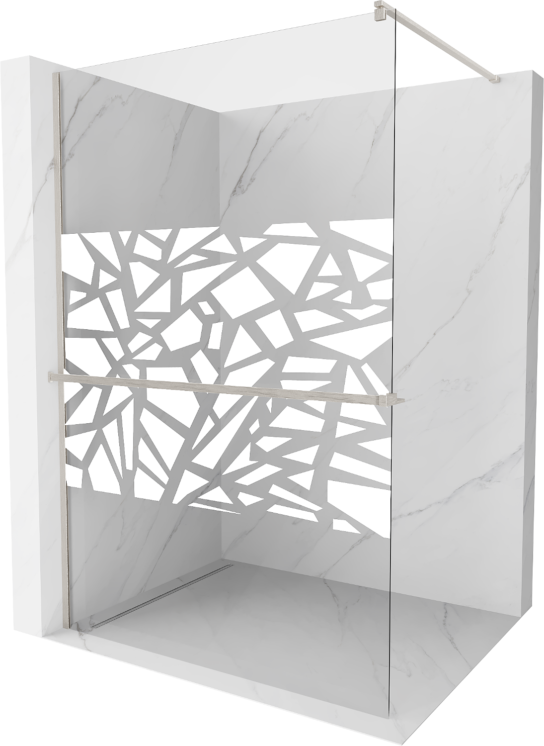 Mexen Kioto+ ścianka prysznicowa z półką Walk-in 130 x 200 cm, biały wzór, nikiel szczotkowany - 800-130-121-97-85