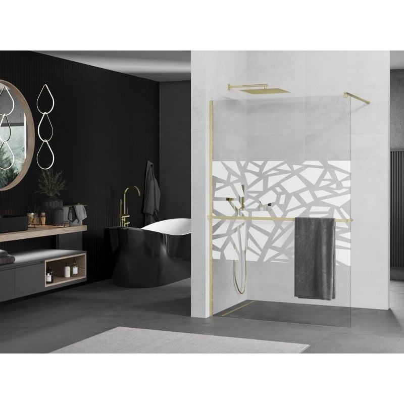 Mexen Kioto+ ścianka prysznicowa z półką Walk-in 70 x 200 cm, biały wzór, złota szczotkowana - 800-070-121-55-85