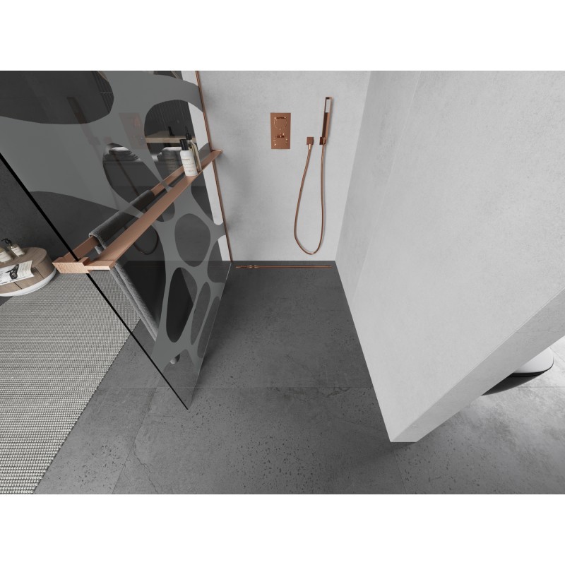 Mexen Kioto+ ścianka prysznicowa z półką Walk-in 80 x 200 cm, biała fala, miedź szczotkowana - 800-080-121-65-97
