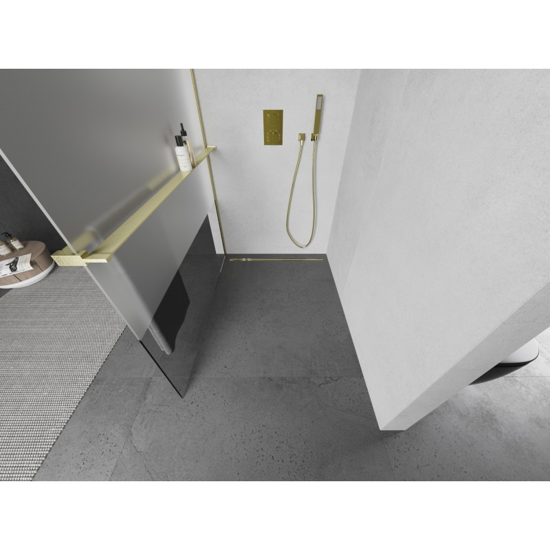 Mexen Kioto+ dušisein riiuliga Walk-in 80 x 200 cm, läbipaistev/jäätunud, harjatud kuld - 800-080-121-55-35