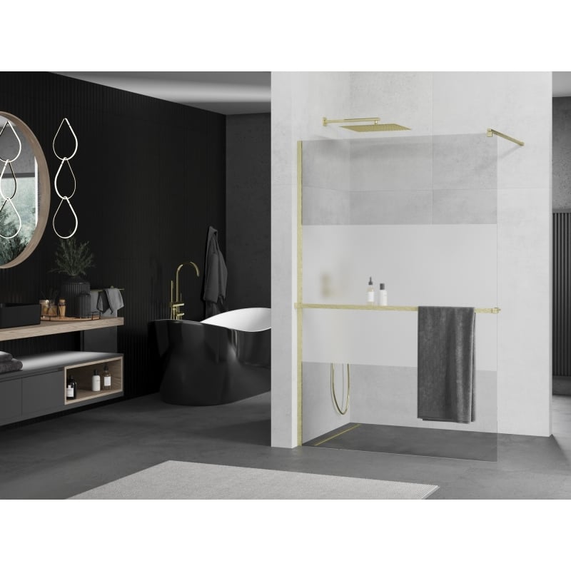 Mexen Kioto+ ścianka prysznicowa z półką Walk-in 90 x 200 cm, transparent/szron, złota szczotkowana - 800-090-121-55-35