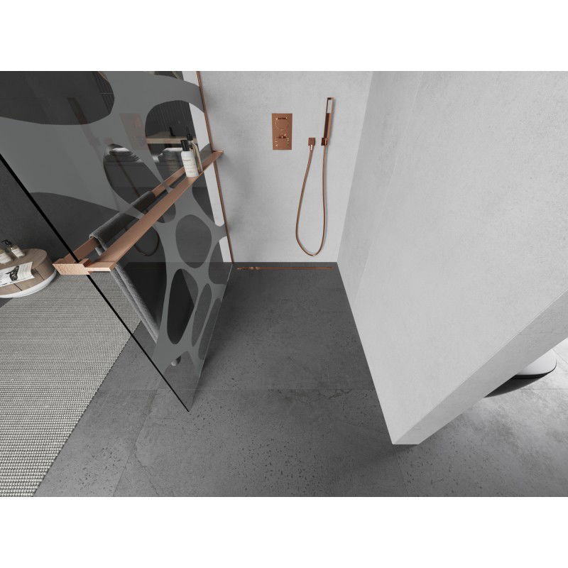 Mexen Kioto+ parede de duche com prateleira Walk-in 140 x 200 cm, onda branca, cobre escovado - 800-140-121-65-97