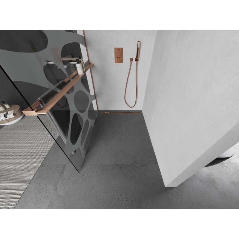 Mexen Kioto+ parete doccia con mensola Walk-in 140 x 200 cm, onda bianca, rame spazzolato - 800-140-121-65-97