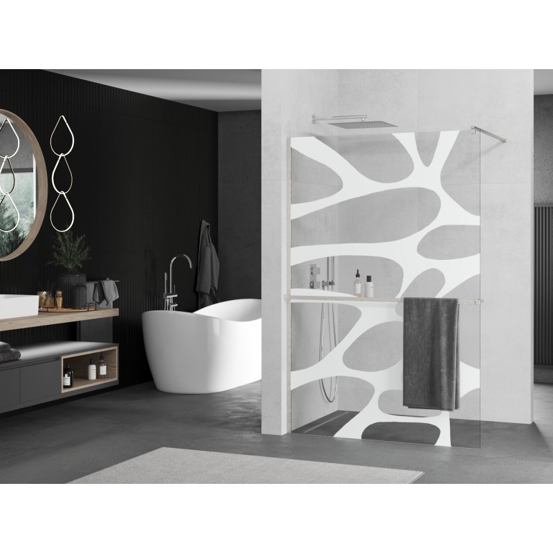 Mexen Kioto+ ścianka prysznicowa z półką Walk-in 90 x 200 cm, biała fala, nikiel szczotkowany - 800-090-121-97-97