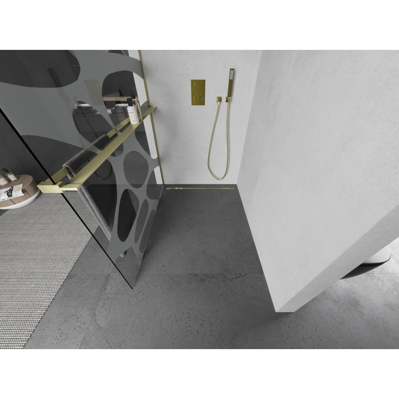Mexen Kioto+ Walk-in tuš stijena s policom 130 x 200 cm, bijeli val, zlatna brušena - 800-130-121-55-97