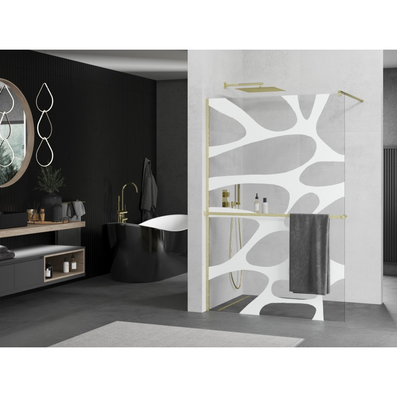 Mexen Kioto+ Walk-in tuš stijena s policom 130 x 200 cm, bijeli val, zlatna brušena - 800-130-121-55-97