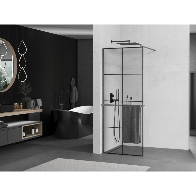 Mexen Kioto+ dušisein riiuliga Walk-in 70 x 200 cm, must ruudustik, pintseldatud gun gray - 800-070-121-66-77