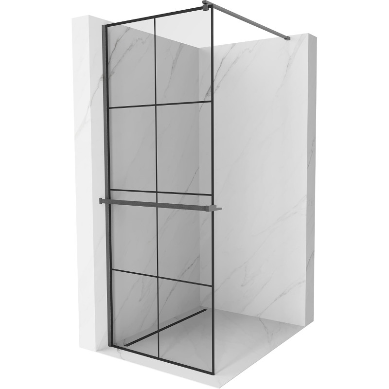 Mexen Kioto+ ścianka prysznicowa z półką Walk-in 90 x 200 cm, czarna kratka, gun gray szczotkowany - 800-090-121-66-77