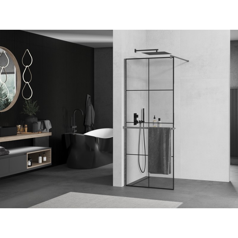 Mexen Kioto+ ścianka prysznicowa z półką Walk-in 90 x 200 cm, czarna kratka, gun gray szczotkowany - 800-090-121-66-77