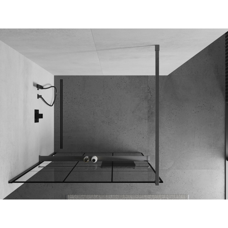 Mexen Kioto+ dušisein riiuliga Walk-in 110 x 200 cm, must ruudustik, harjatud relvahall - 800-110-121-66-77