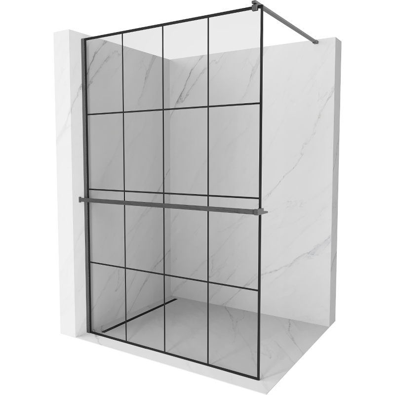 Mexen Kioto+ suihkuseinä hyllyllä Walk-in 140 x 200 cm, musta ruudukko, himmeä harmaa harjattu - 800-140-121-66-77