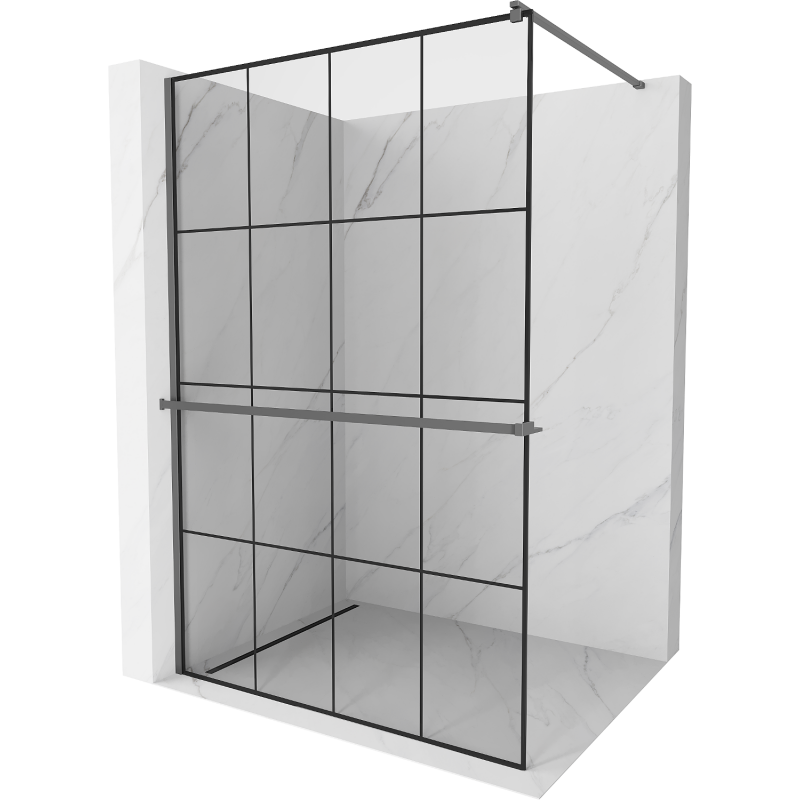 Mexen Kioto+ parede de chuveiro com prateleira Walk-in 130 x 200 cm, grade preta, metal escovado - 800-130-121-95-77
