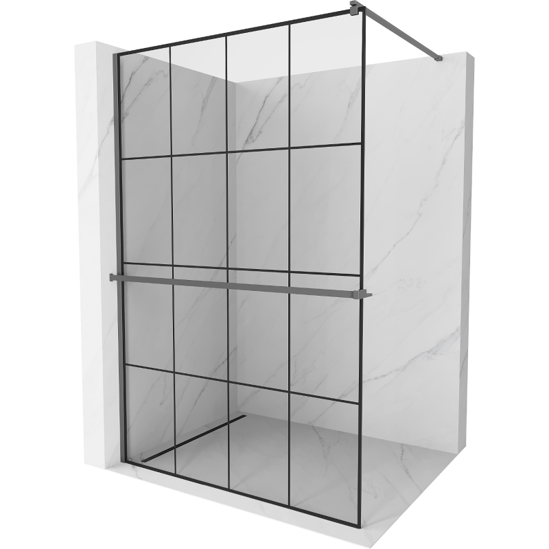 Mexen Kioto+ walk-in shower wall with shelf 130 x 200 cm, black grid, gun metal - 800-130-121-95-77