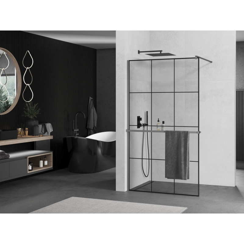 Mexen Kioto+ dušisein riiuliga Walk-in 120 x 200 cm, must ruudustik, gun metal - 800-120-121-95-77