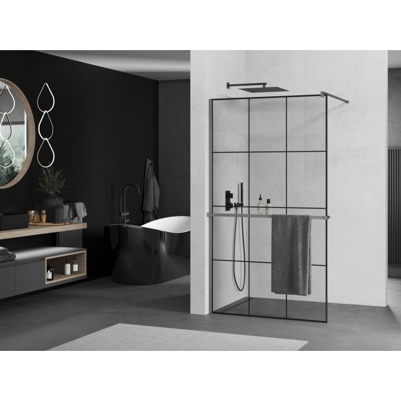 Mexen Kioto+ ścianka prysznicowa z półką Walk-in 120 x 200 cm, czarna kratka, gun metal - 800-120-121-95-77