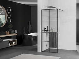 Mexen Kioto+ duschvägg med hylla Walk-in 90 x 200 cm, svart rutnät, gun metal - 800-090-121-95-77