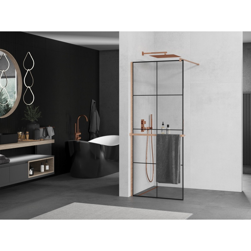Mexen Kioto+ dušisein riiuliga Walk-in 90 x 200 cm, must ruudustik, harjatud vask - 800-090-121-65-77