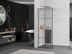 Mexen Kioto+ ścianka prysznicowa z półką Walk-in 90 x 200 cm, czarna kratka, miedź szczotkowana - 800-090-121-65-77