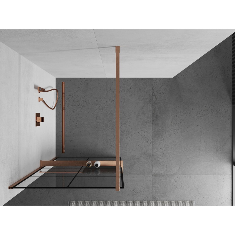 Mexen Kioto+ dušisein riiuliga Walk-in 90 x 200 cm, must ruudustik, harjatud vask - 800-090-121-65-77