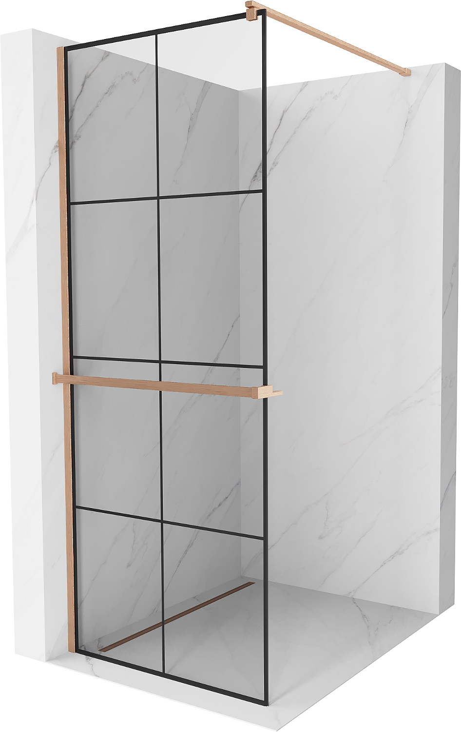 Mexen Kioto+ ścianka prysznicowa z półką Walk-in 90 x 200 cm, czarny wzór, miedź szczotkowana - 800-090-121-65-77