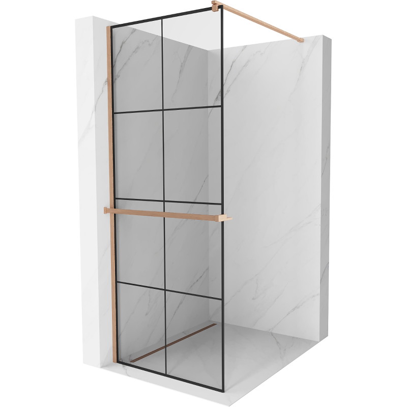 Mexen Kioto+ dušisein riiuliga Walk-in 70 x 200 cm, must ruudustik, harjatud vask - 800-070-121-65-77