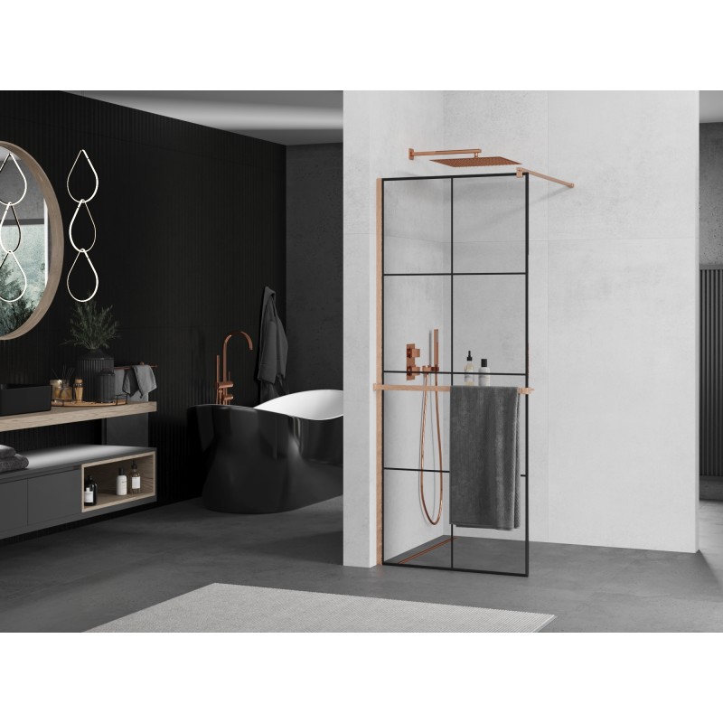Mexen Kioto+ ścianka prysznicowa z półką Walk-in 70 x 200 cm, czarna kratka, miedź szczotkowana - 800-070-121-65-77