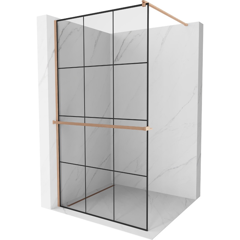 Mexen Kioto+ dušisein riiuliga Walk-in 100 x 200 cm, must ruudustik, harjatud vask - 800-100-121-65-77
