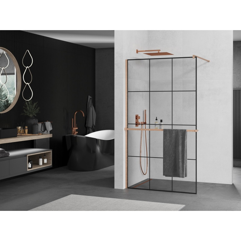 Mexen Kioto+ dušisein riiuliga Walk-in 100 x 200 cm, must ruudustik, harjatud vask - 800-100-121-65-77