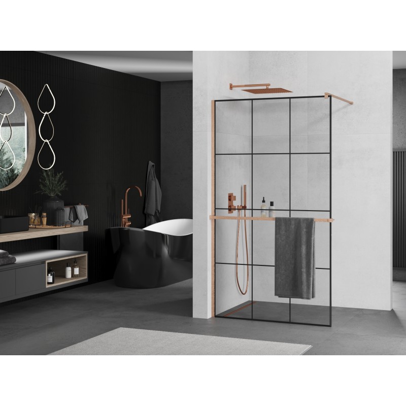 Mexen Kioto+ ścianka prysznicowa z półką Walk-in 100 x 200 cm, czarna kratka, miedź szczotkowana - 800-100-121-65-77