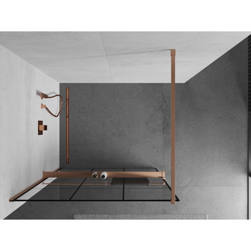 Mexen Kioto+ dušisein riiuliga Walk-in 100 x 200 cm, must ruudustik, harjatud vask - 800-100-121-65-77