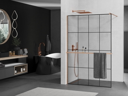 Mexen Kioto+ ścianka prysznicowa z półką Walk-in 130 x 200 cm, czarna kratka, miedź szczotkowana - 800-130-121-65-77