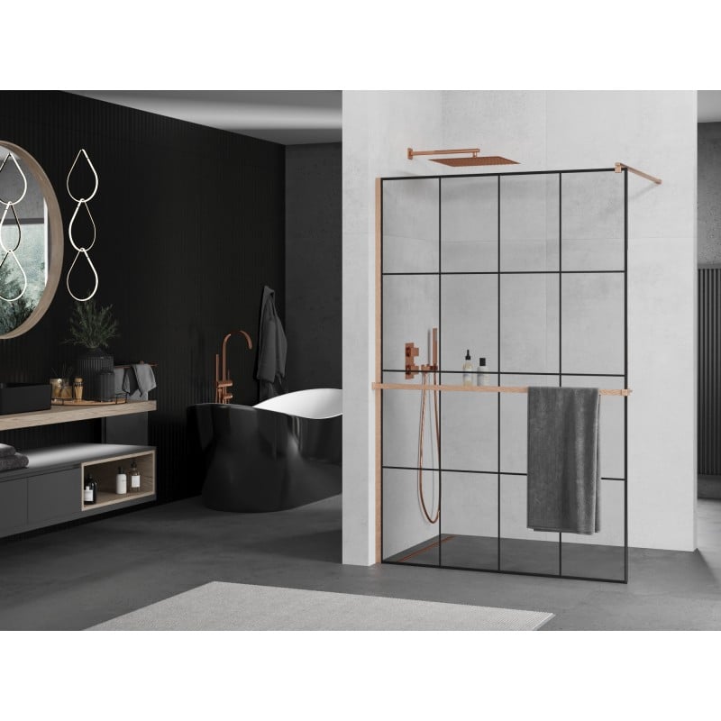 Mexen Kioto+ paroi de douche avec étagère Walk-in 140 x 200 cm, grille noire, cuivre brossé - 800-140-121-65-77