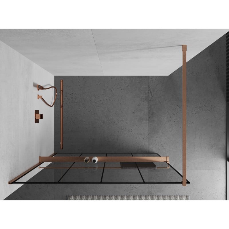 Mexen Kioto+ parete doccia con mensola Walk-in 140 x 200 cm, griglia nera, rame spazzolato - 800-140-121-65-77