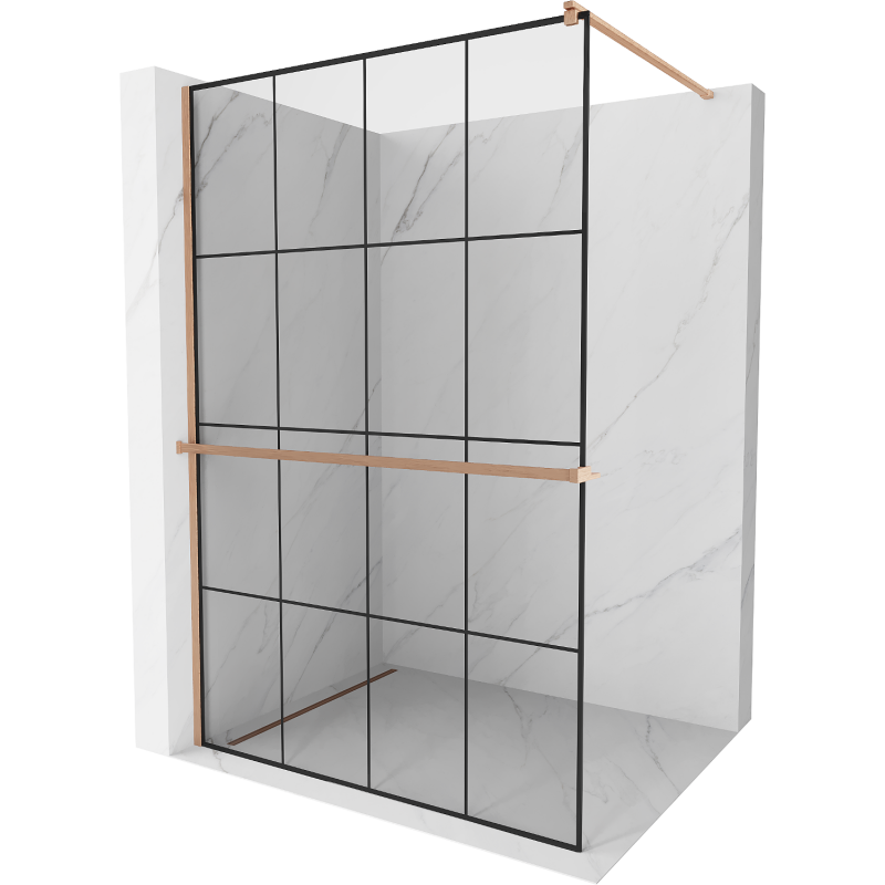 Mexen Kioto+ parete doccia con mensola Walk-in 140 x 200 cm, griglia nera, rame spazzolato - 800-140-121-65-77