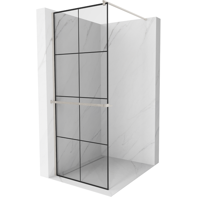 Mexen Kioto+ ścianka prysznicowa z półką Walk-in 70 x 200 cm, czarna kratka, nikiel szczotkowany - 800-070-121-97-77