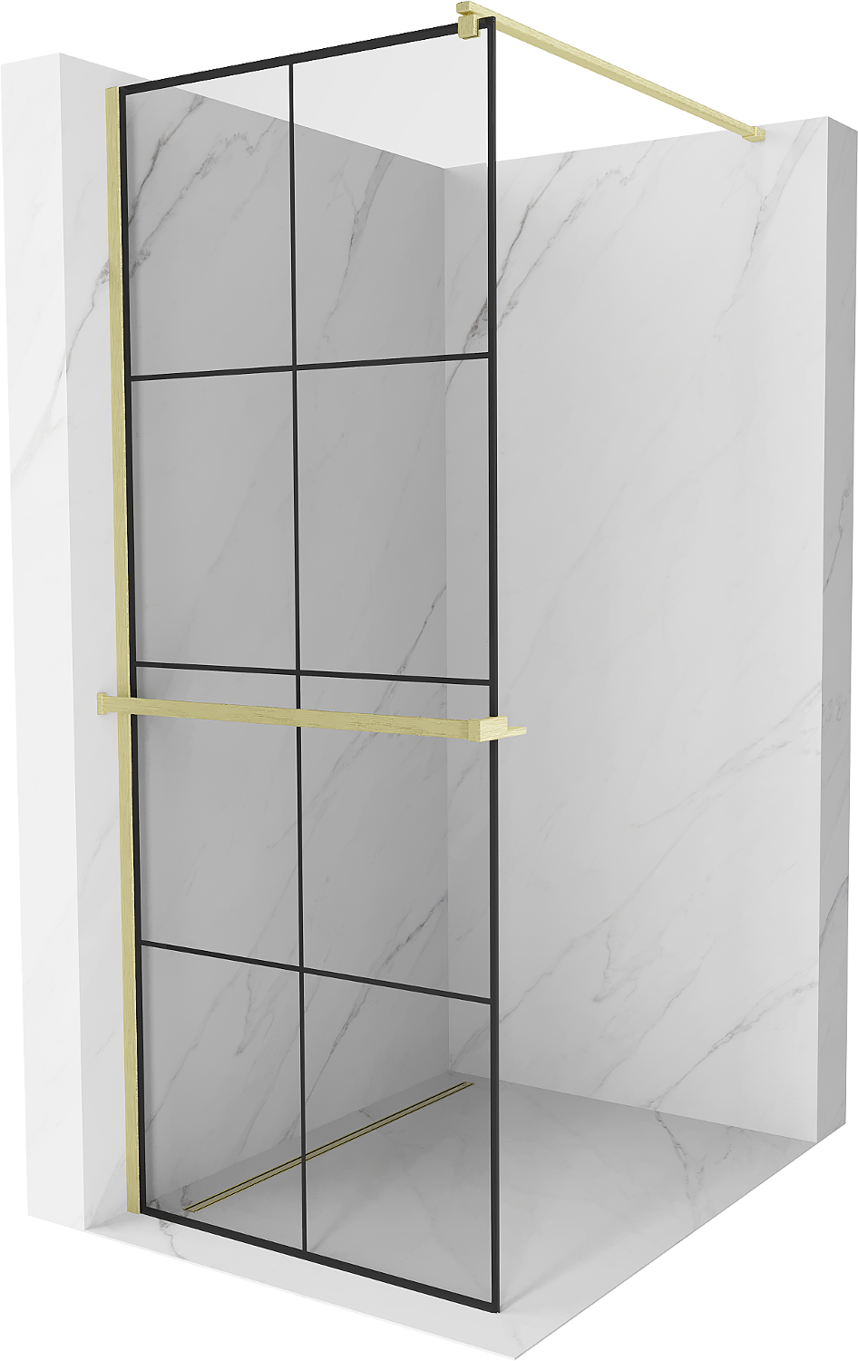 Mexen Kioto+ ścianka prysznicowa z półką Walk-in 70 x 200 cm, czarny wzór, złota szczotkowana - 800-070-121-55-77