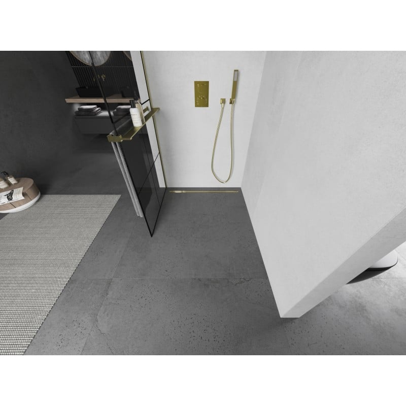Mexen Kioto+ parede de duche com prateleira Walk-in 80 x 200 cm, grelha preta, dourado escovado - 800-080-121-55-77