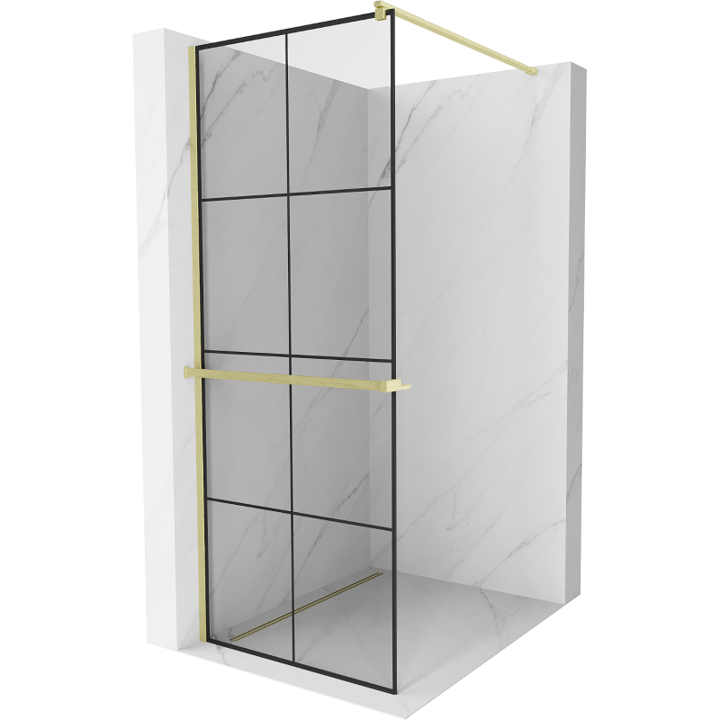 Mexen Kioto+ pared de ducha con estante Walk-in 90 x 200 cm, rejilla negra, dorada cepillada - 800-090-121-55-77